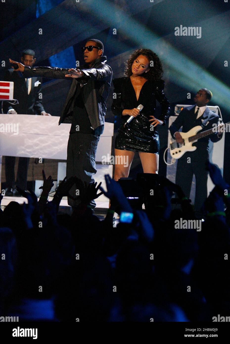 Jay Z and Alicia Keys performs on stage at the Brit Awards, February 16, 2010. Stock Photo