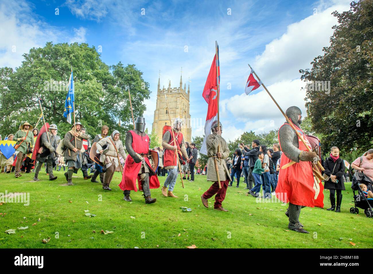 Medieval enthusiasts gather at Abbey Ground before a later re-enactment of The Battle of Evesham. Stock Photo