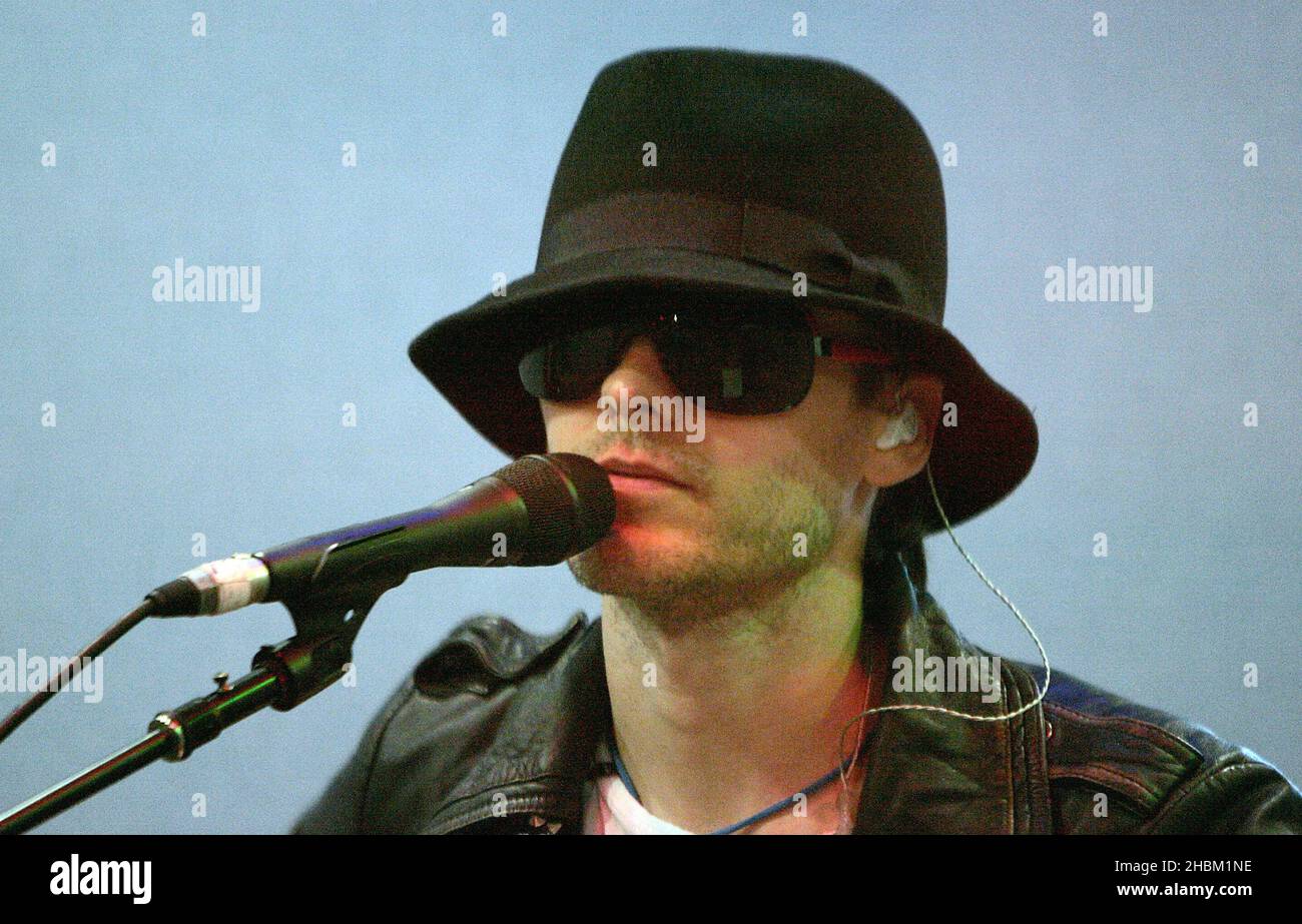 Jared Leto and his band 30 Seconds to Mars perform at XFM on March 29, 2010. Stock Photo