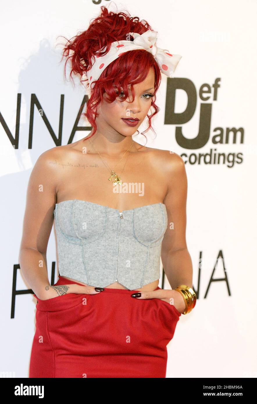 Rihanna attends her Album Launch at Westfield Shopping Centre, London Stock Photo