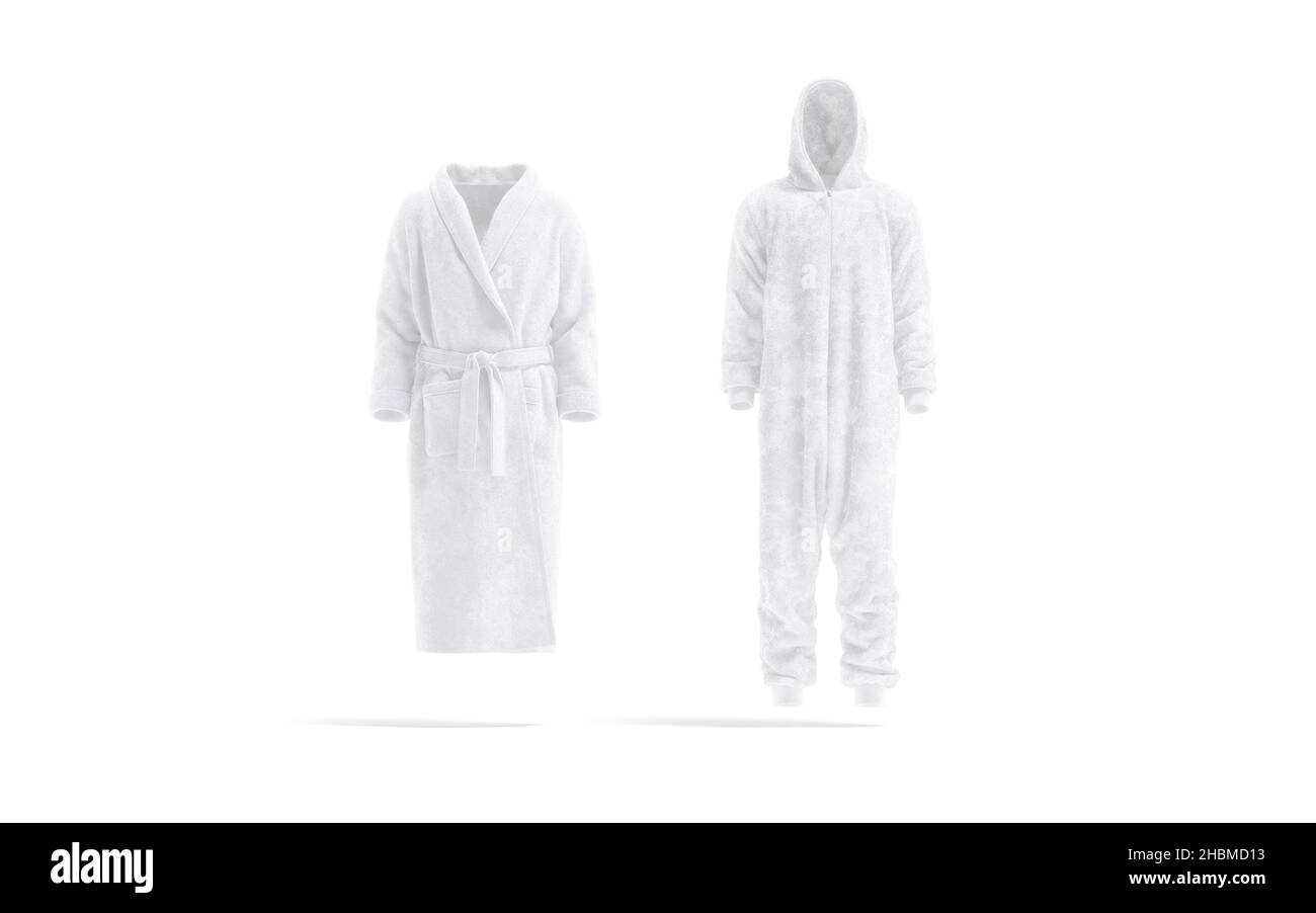 Blank white hotel bathrobe and plush jumpsuit mockup, isolated Stock