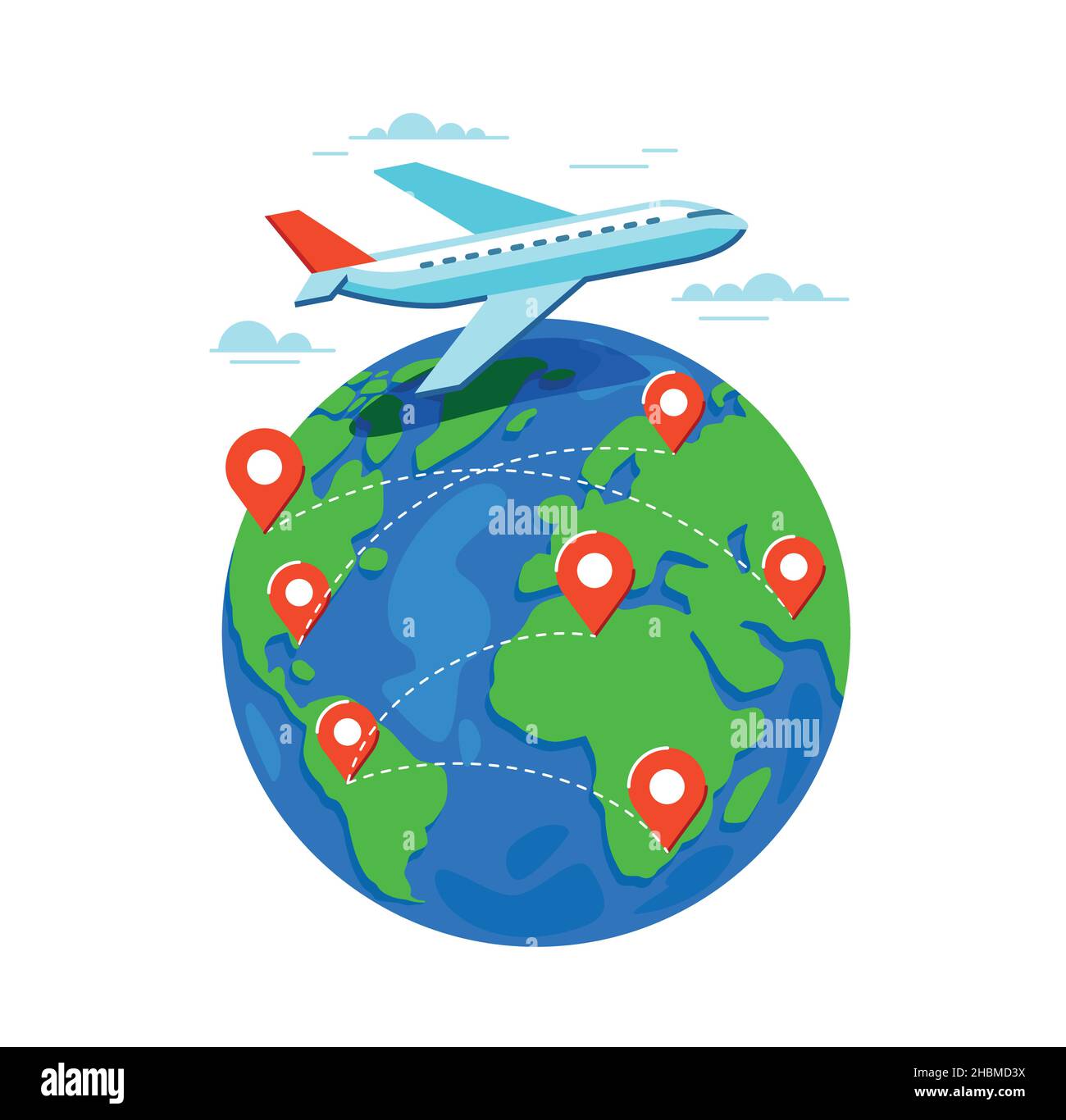 Plane flying. Earth and Pins. Travel flat design vector illustration Stock Vector