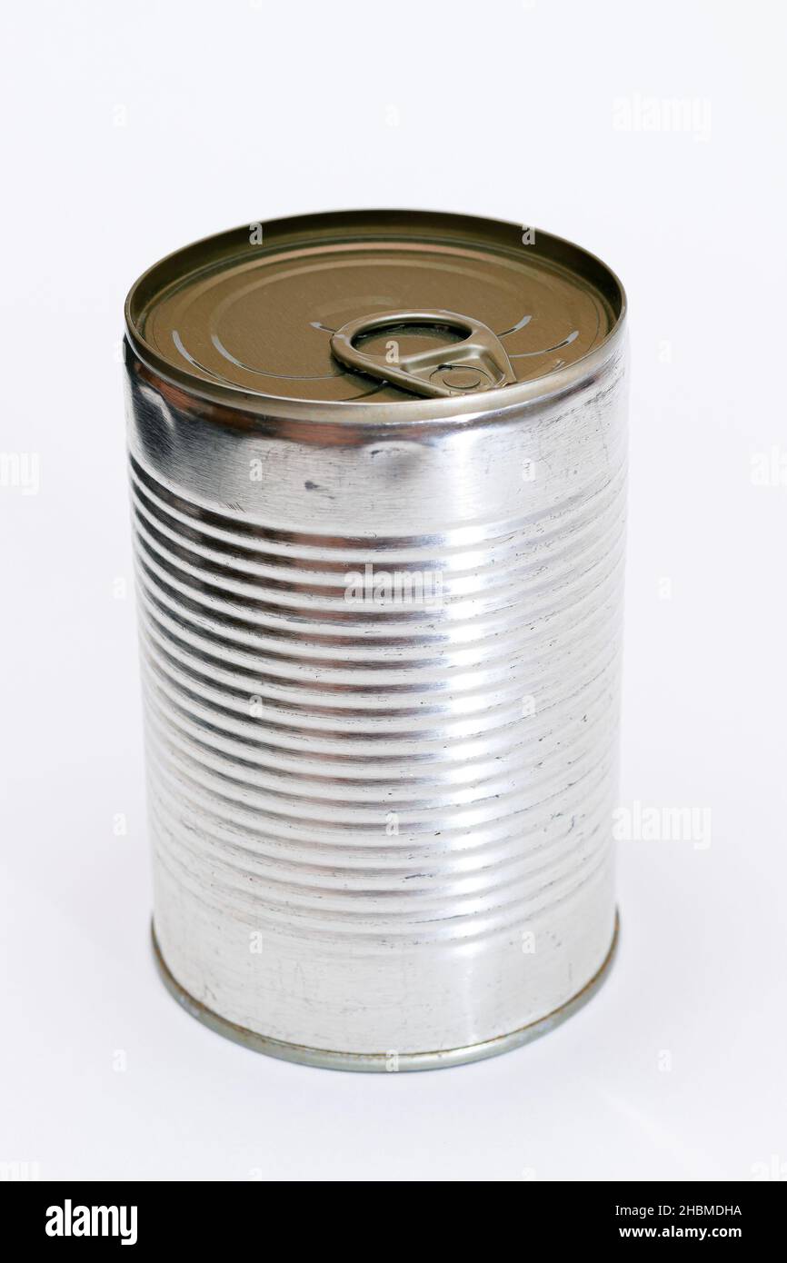 Unopened Tin Can with Blank Edge on White Background. Canned Food