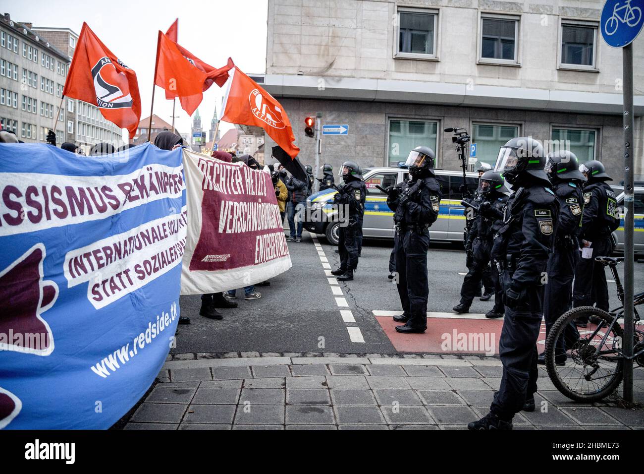 Nuremberg, Germany. 19th Dec, 2021. Antifa protest stopped by police. On December 19, 2021 the Alternative for Germany (AfD) held a rally in Nuremberg, Germany. There was counter protest, where there were some tensions between police and counter protestors. (Photo by Alexander Pohl/Sipa USA) Credit: Sipa USA/Alamy Live News Stock Photo