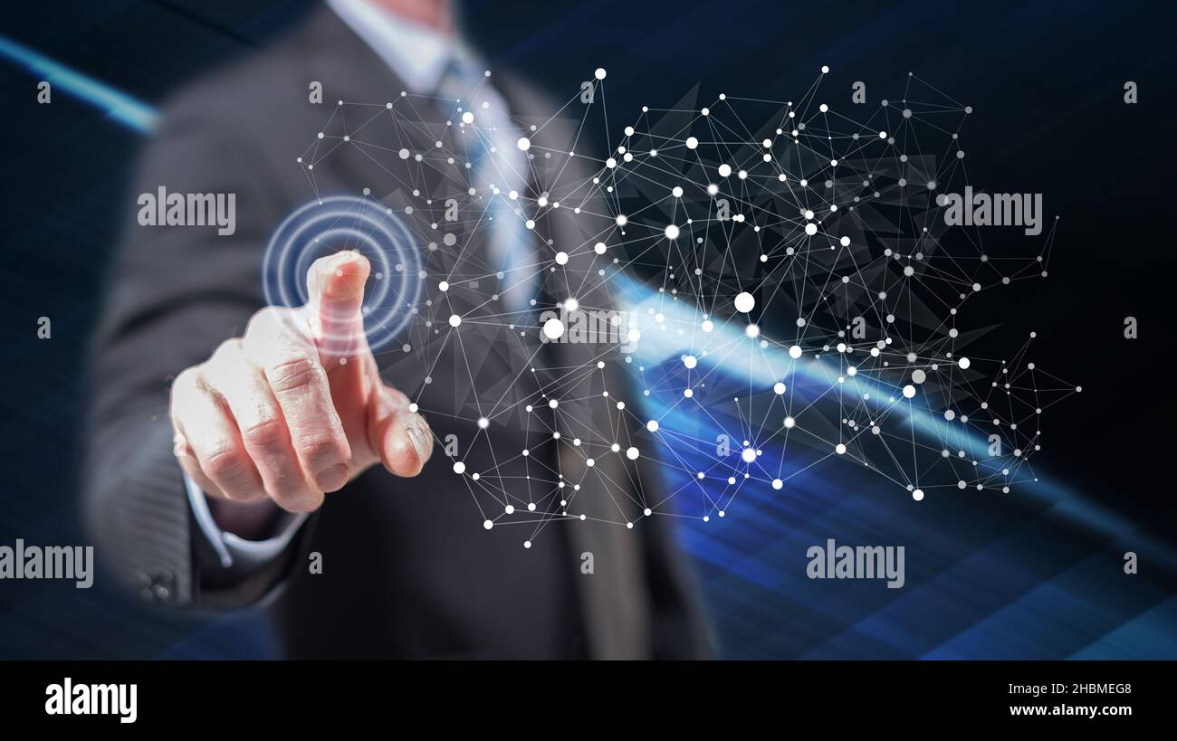 Man touching a virtual network on a touch screen with his fingers Stock ...