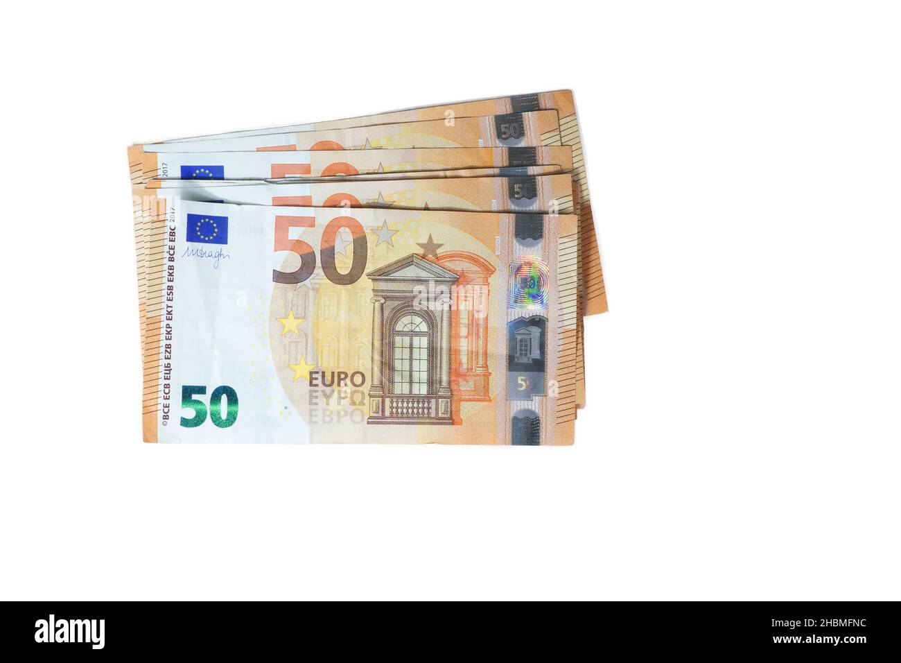 Close up of fifty euro notes on a white background Stock Photo