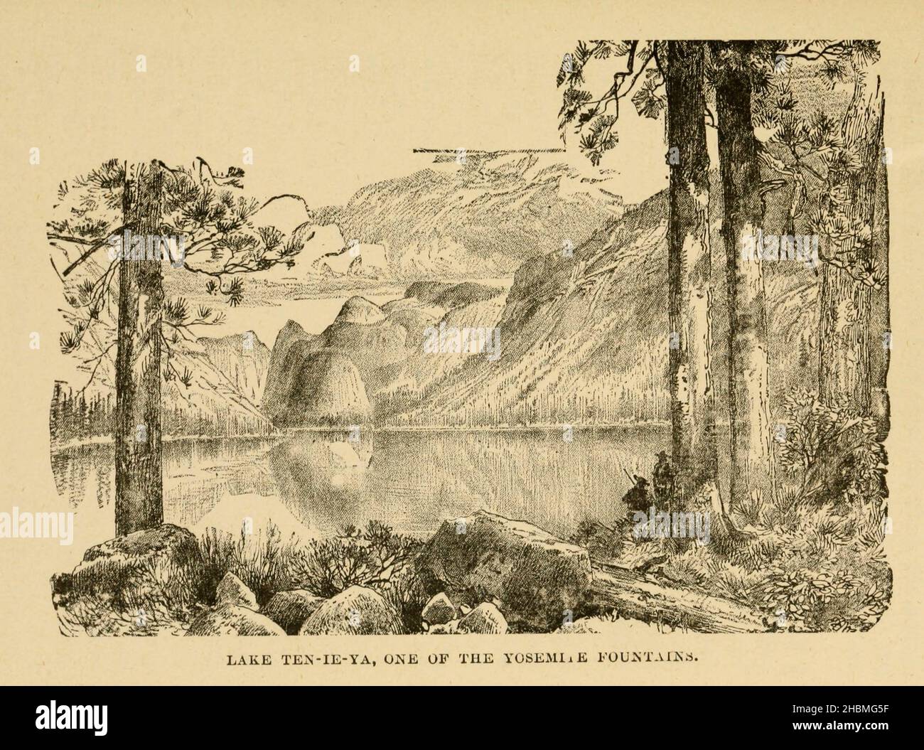 Lake Ten-Ie-Ya (Tenaya), One of Yosemite foundations 1880 From the book ' Discovery of the Yosemite, and the Indian war of 1851, which led to that event ' by Lafayette Houghton Bunnell, 1824-1903 Published New York, Chicago, F.H. Revell company 1892. Lafayette Houghton Bunnell (1824-1903) was a member of the Mariposa Battalion that became the white discoverers of the Yosemite Valley in 1851 when they rode out in search of Native American tribal leaders involved in recent raids on American settlements. Dr. Bunnell later served as a surgeon in the Civil War. Discovery of the Yosemite, and the In Stock Photo