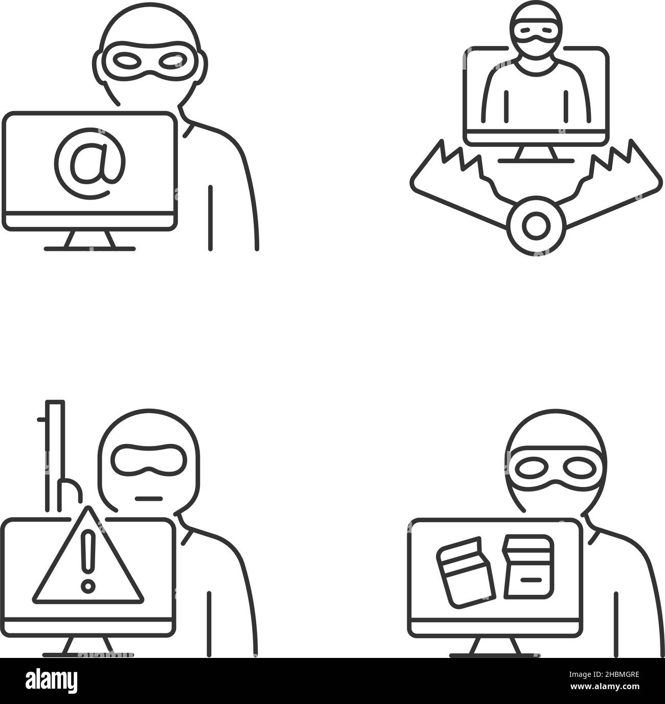 Cyber attacker linear icons set Stock Vector