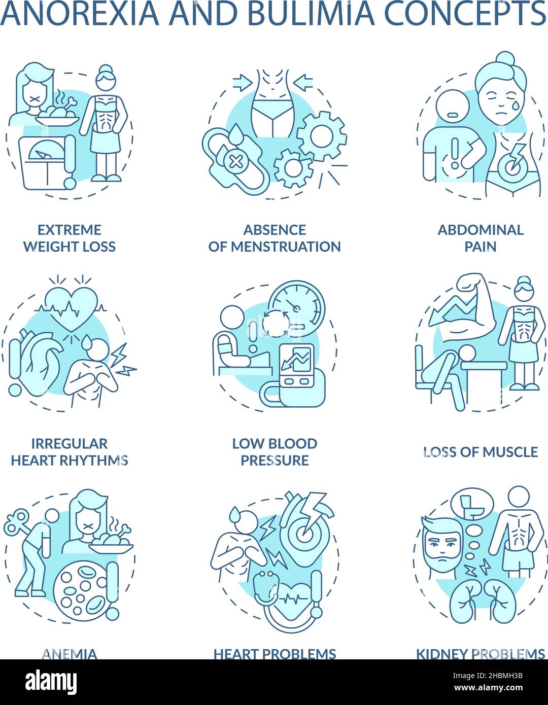 Anorexia and bulimia nervosa turquoise concept icons set Stock Vector ...