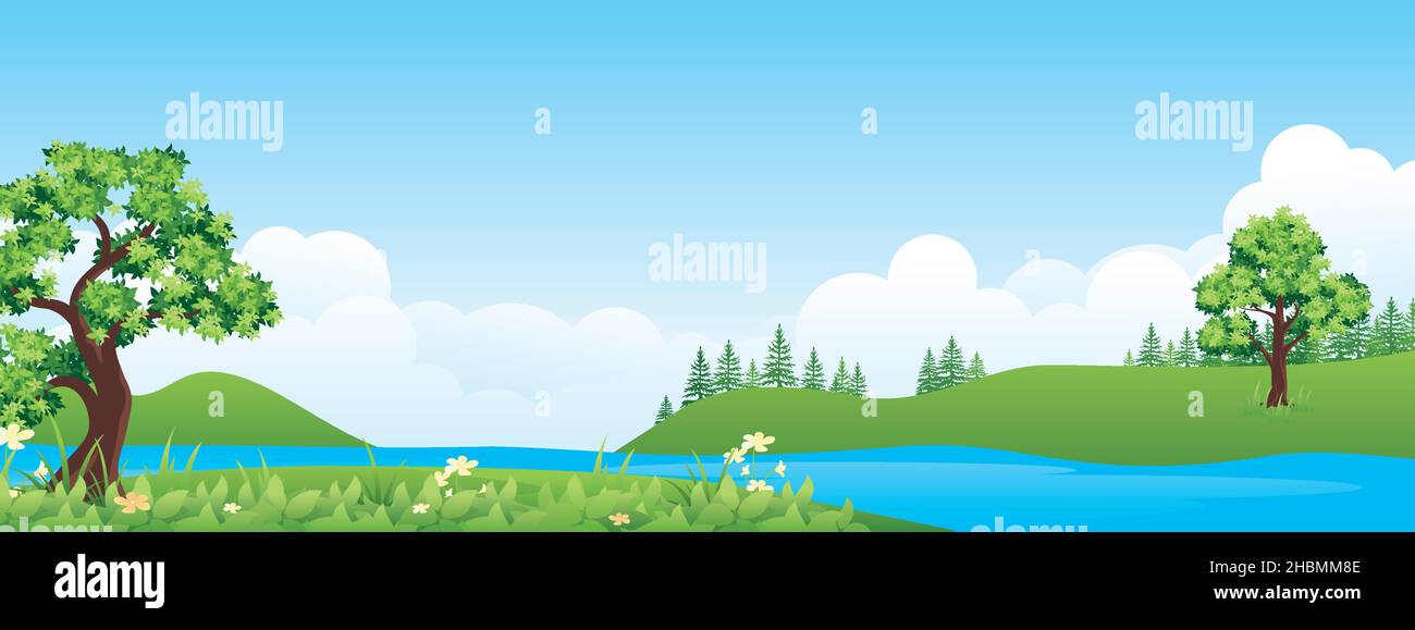Panoramic landscape cartoon illustration, natural banner, beautiful rural scenery, summer panorama, green highlands, road and lake Stock Vector