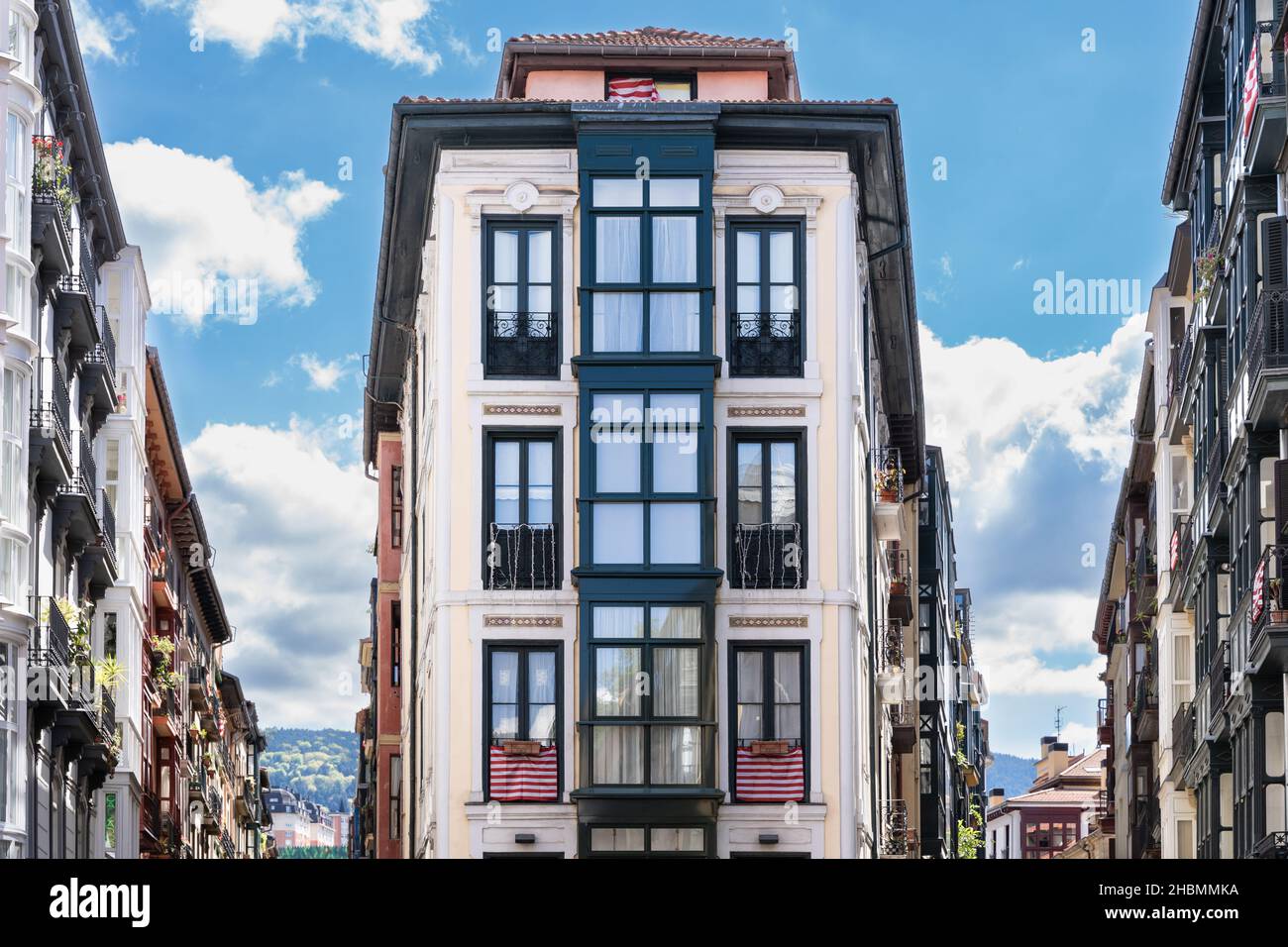 Bilbao old town street with residential houses facades in the city ...