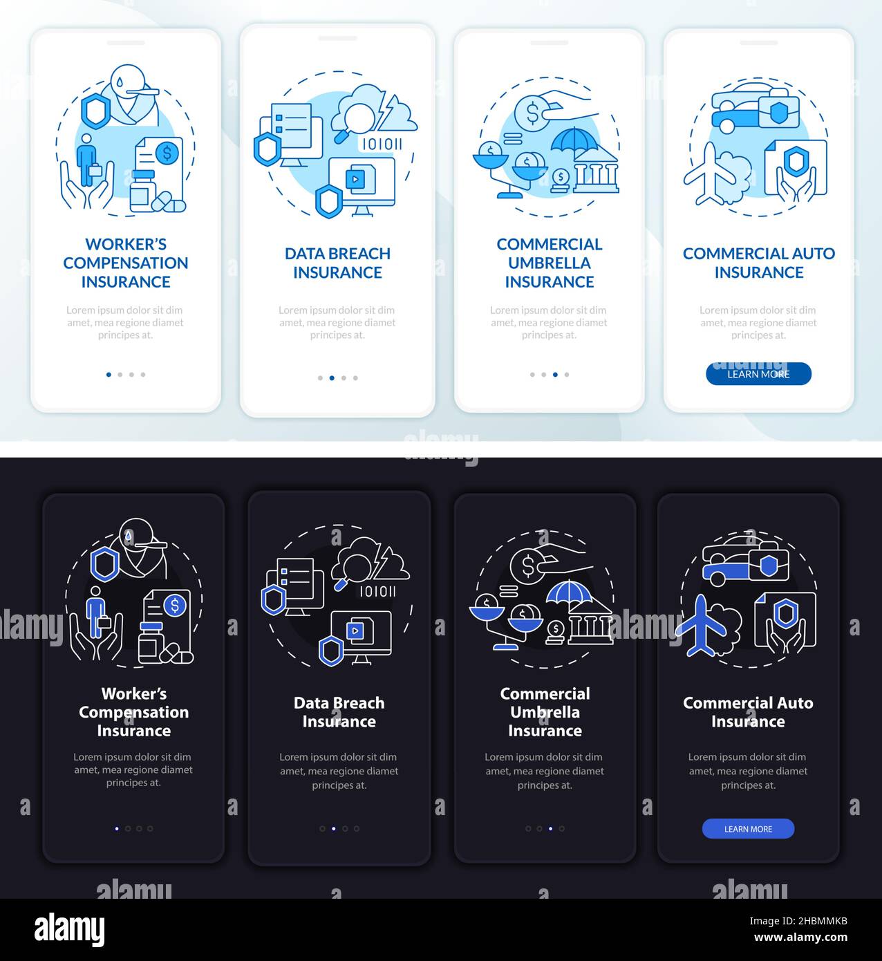 Coverage types day and night theme onboarding mobile app screen Stock ...