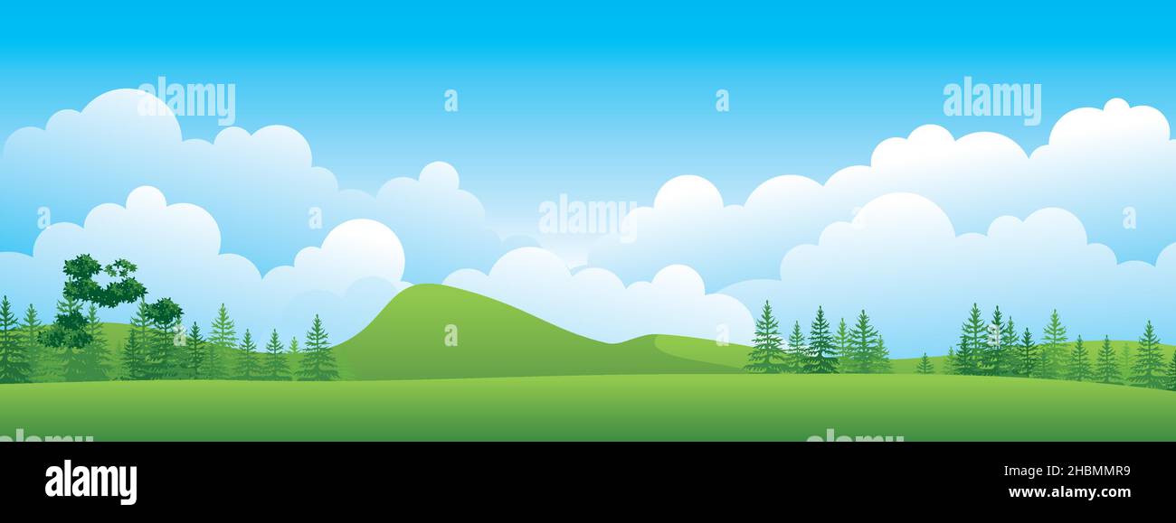 Panoramic landscape cartoon illustration, natural banner, beautiful rural scenery, summer panorama, green highlands, road and lake Stock Vector