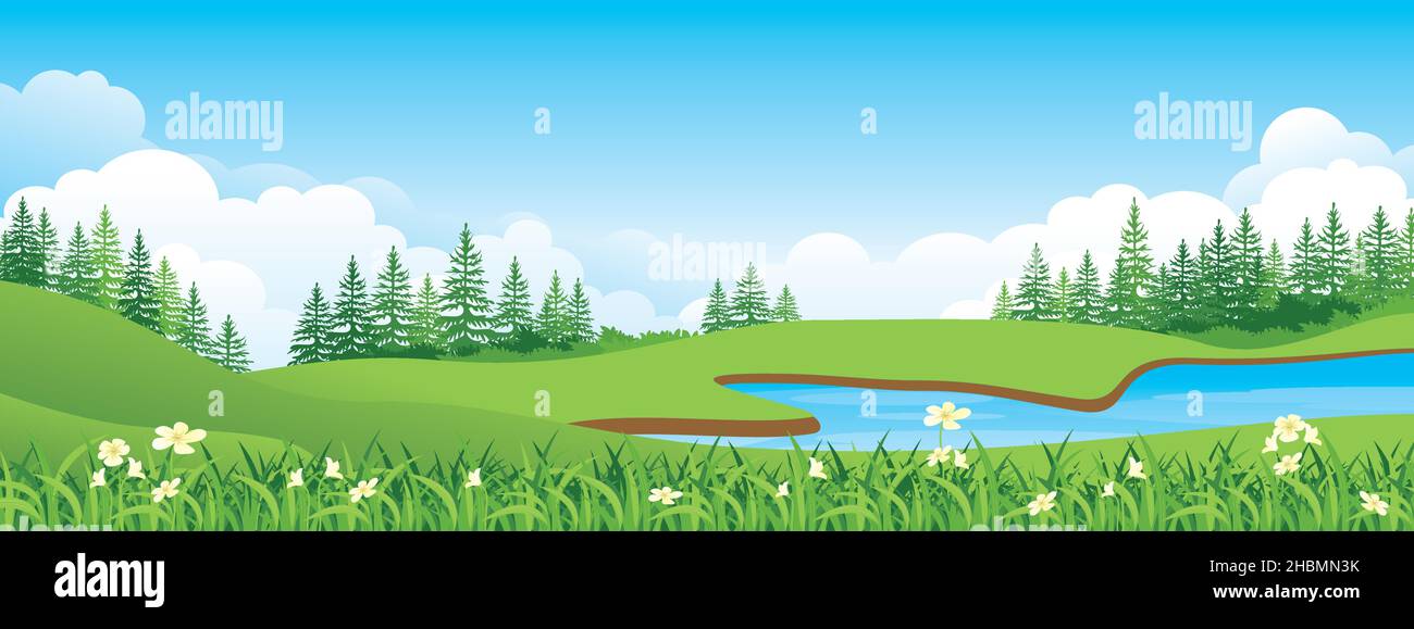 Panoramic landscape cartoon illustration, natural banner, beautiful rural scenery, summer panorama, green highlands, road and lake Stock Vector