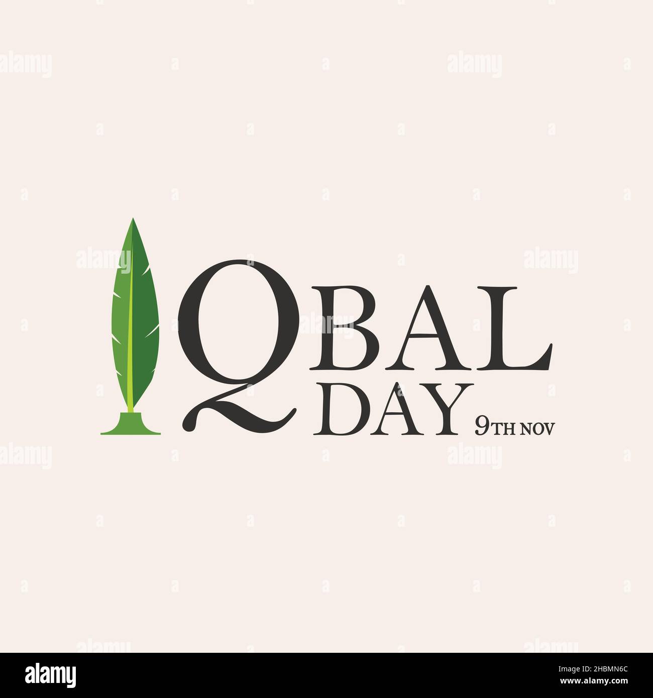 06 November 2021: Allama Muhammad Iqbal Lahore, Pakistan - (National Poet of Pakistan) is written in English with I letter having a feather in green Stock Vector