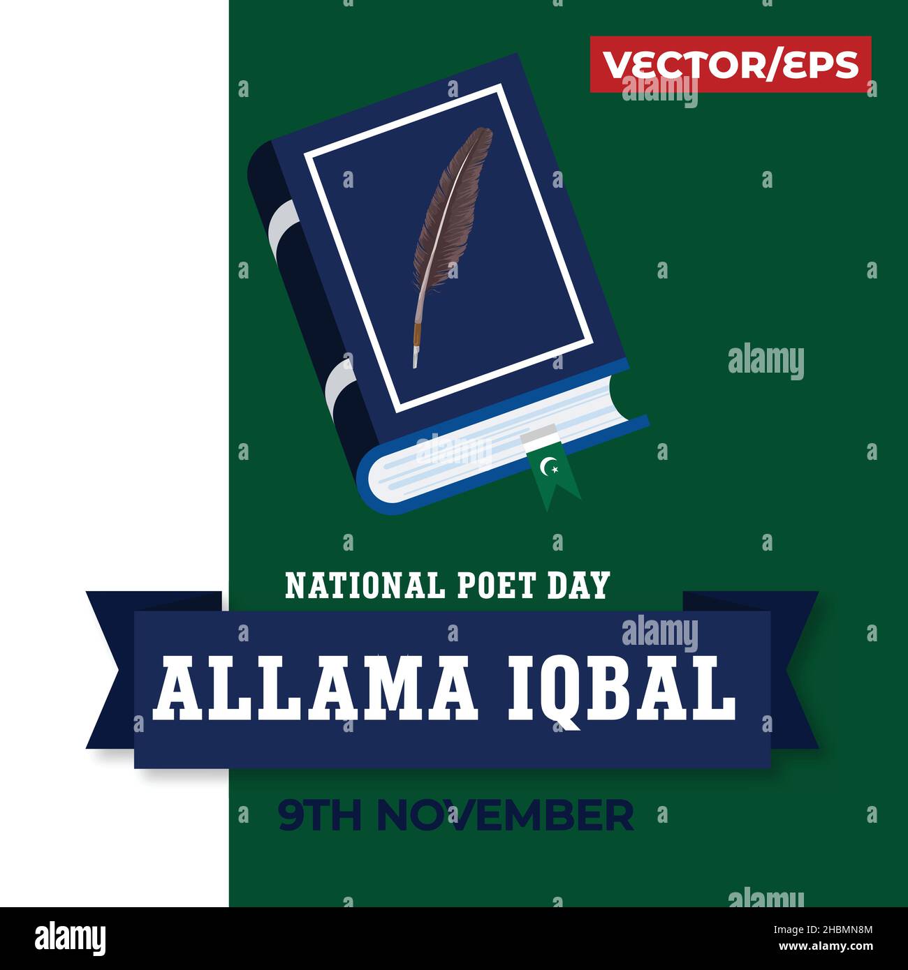 Allama Iqbal national poet of Pakistan with book and feather symbol Stock Vector