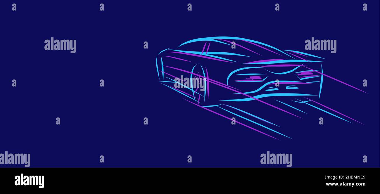 Line sketch illustration of a sport car, bsck view driving away on high speed, neon bright movement track on dark background Stock Vector