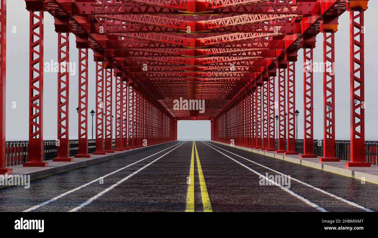 Red bridge with suspension steel structure Stock Photo Alamy