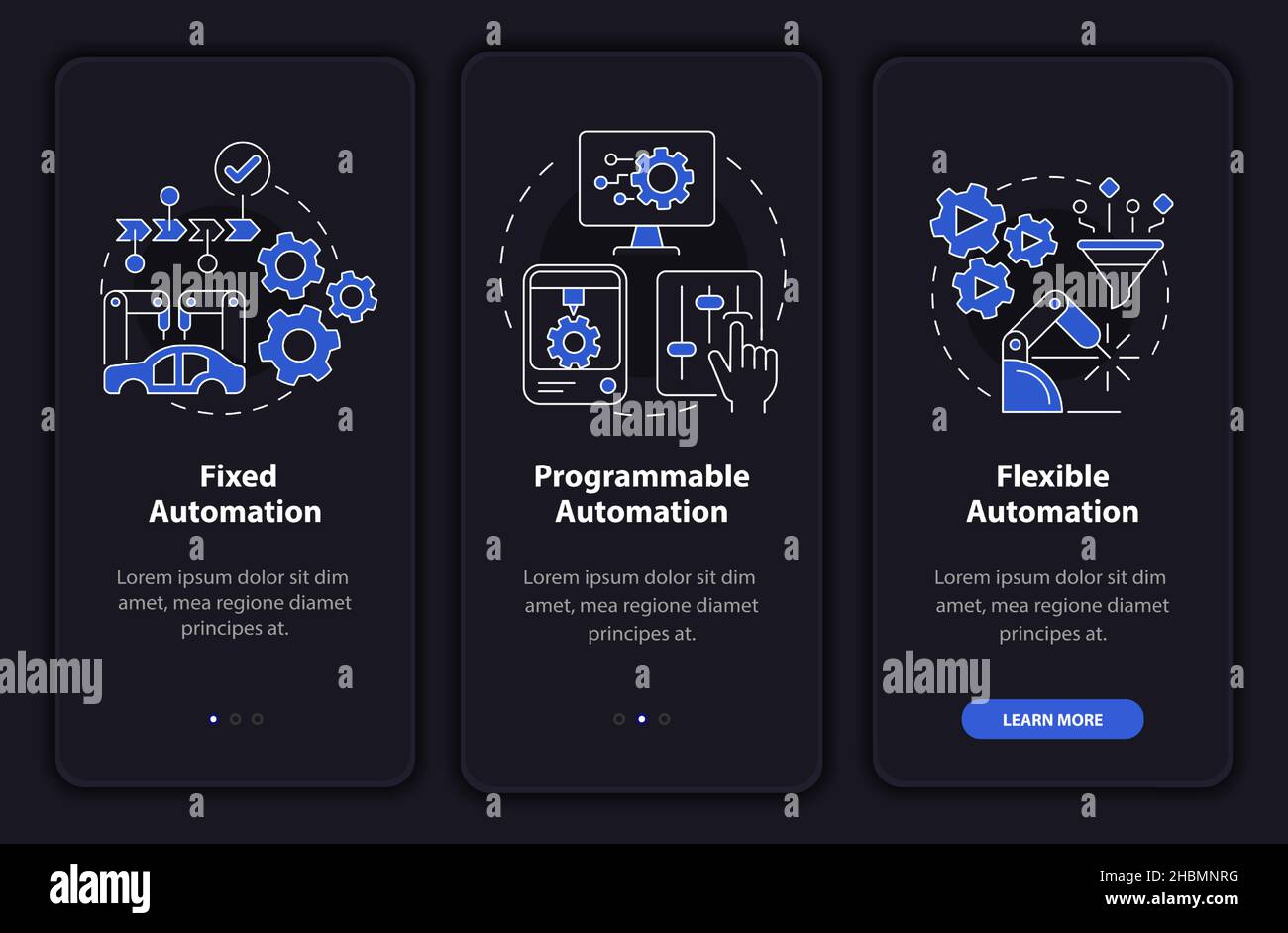 Automation types night mode onboarding mobile app screen Stock Vector