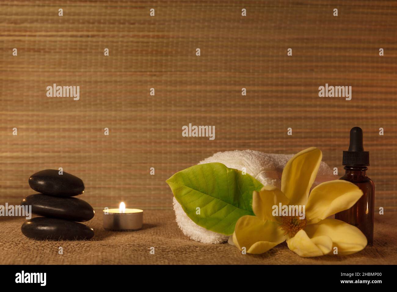 Massage kit, essential oil. Composition of natural medicine Stock Photo