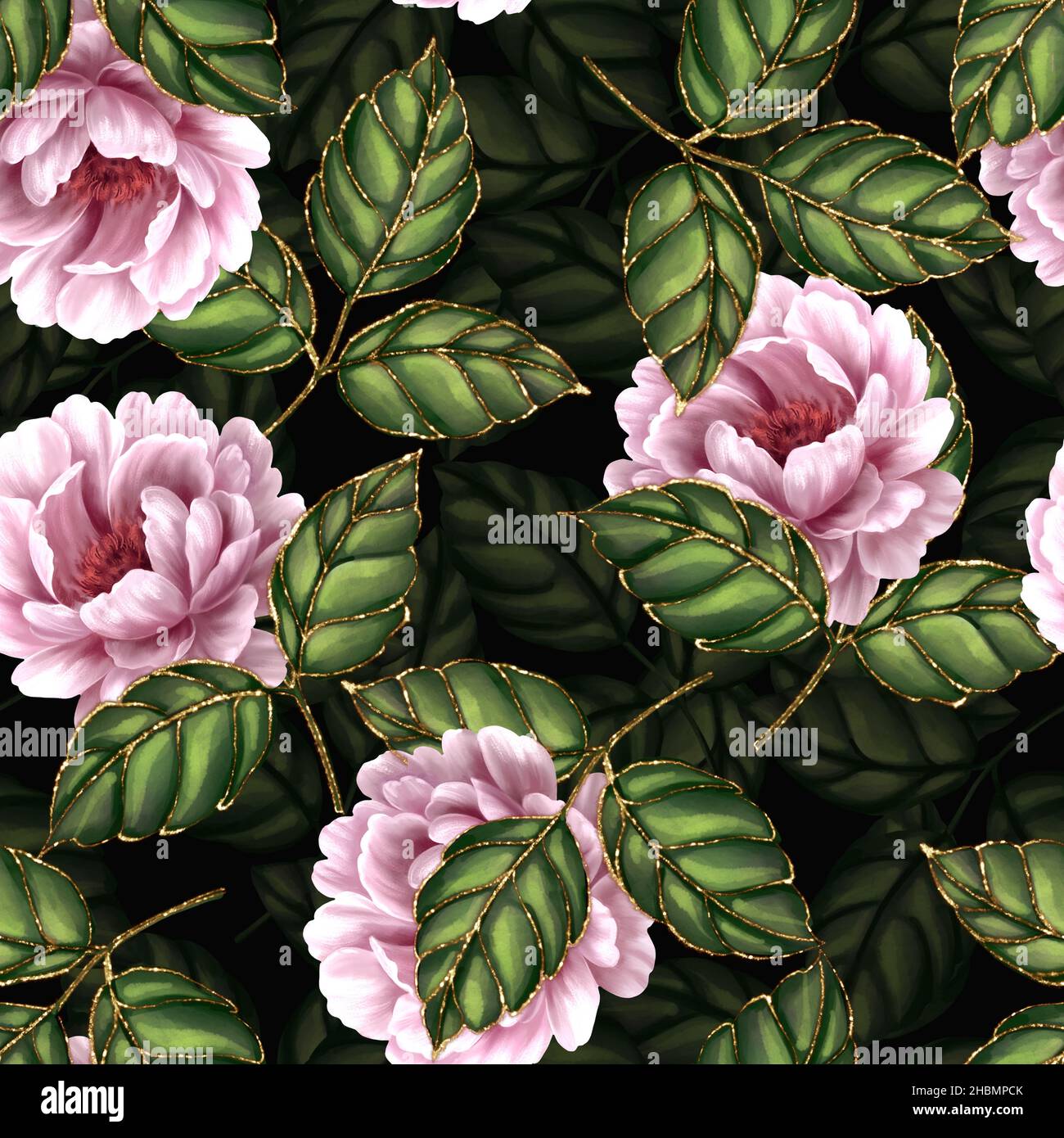 Seamless pattern with decorative rose flowers and leaves. Dark floral ...