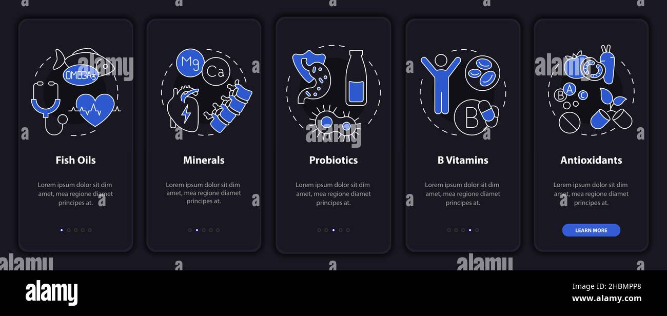 Dietary supplements night mode onboarding mobile app screen Stock Vector