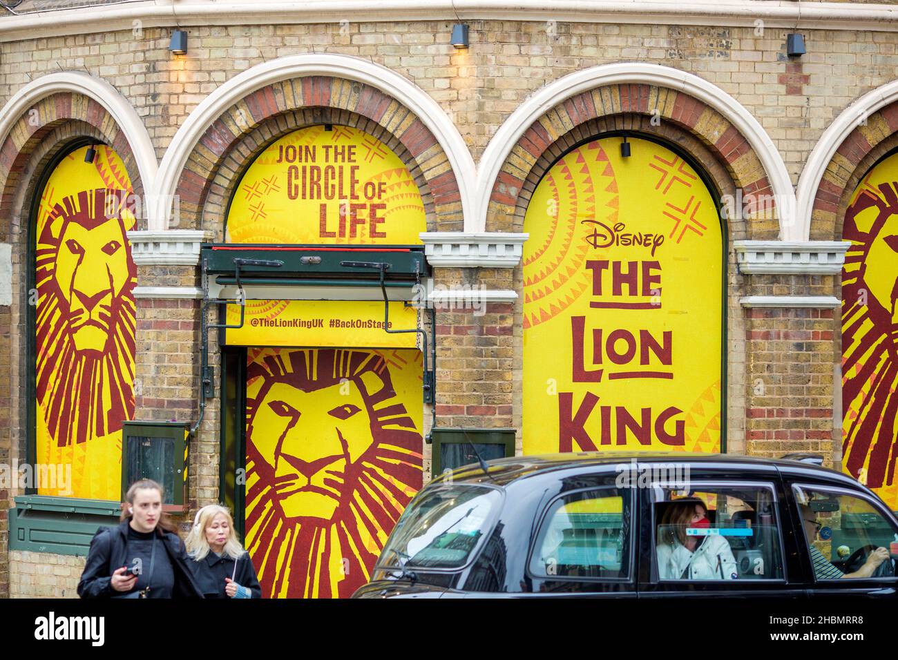 Logos of The Lion King are seen at the Lyceum Theatre in London. Stock Photo