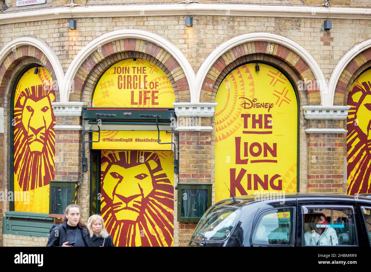 Logos of The Lion King are seen at the Lyceum Theatre in London. Stock Photo