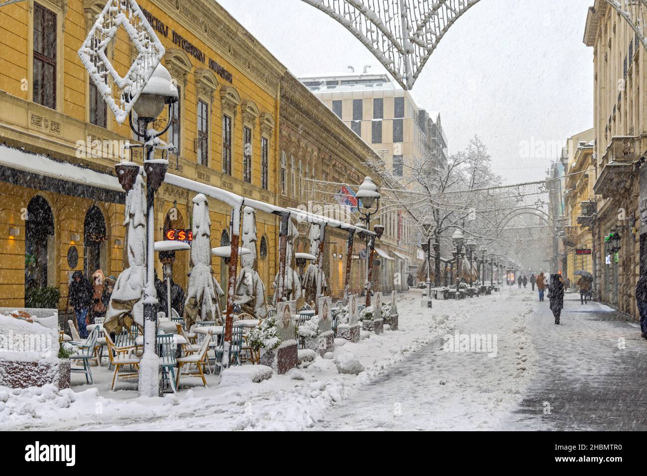 Belgrade, Serbia - December 12, 2021: Knez Mihailova Pedestrian Street Covered With Snow at Cold Winter. Stock Photo