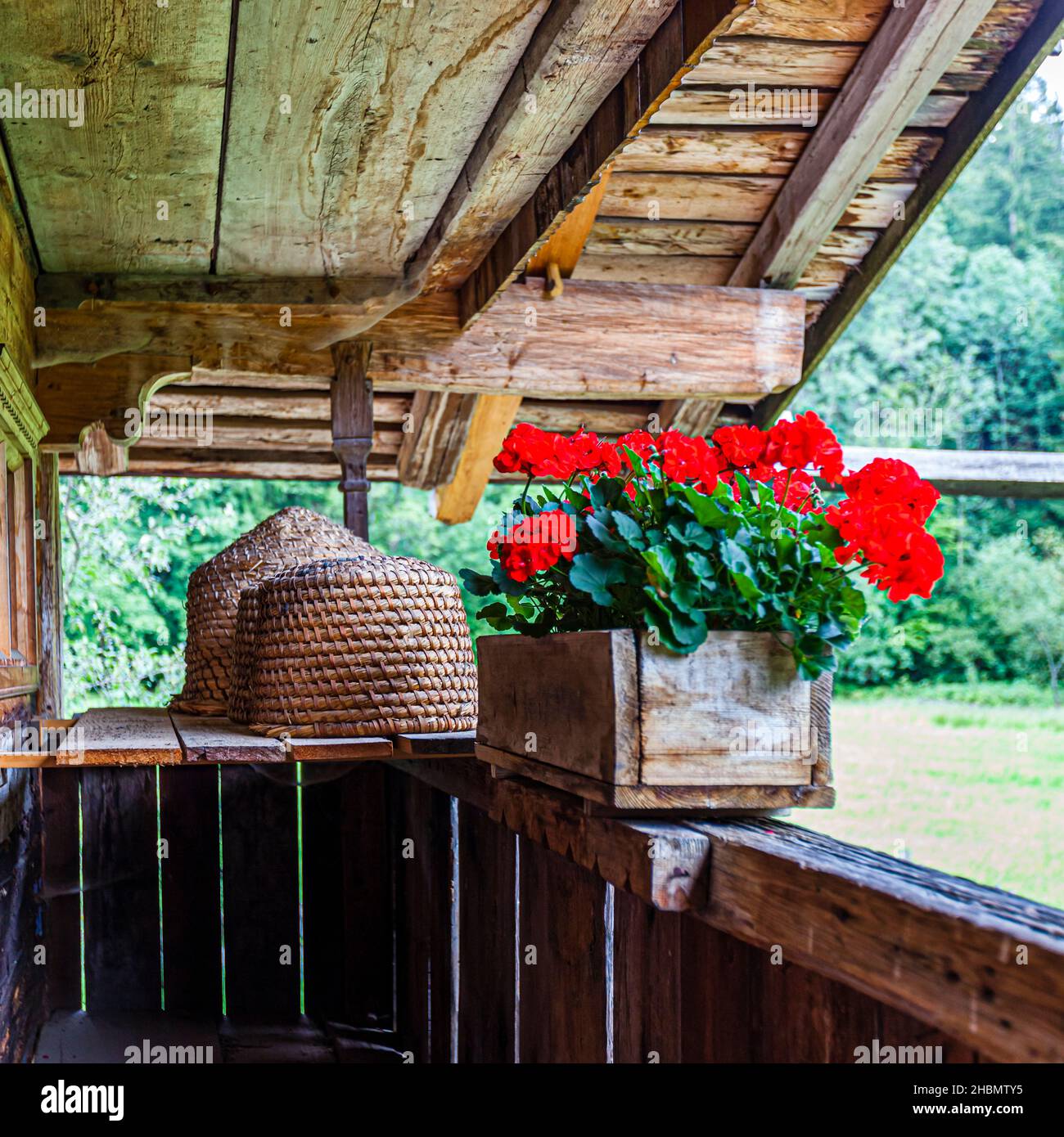 Old bee hive and flower box with geraniums in Schliersee, Germany Stock Photo
