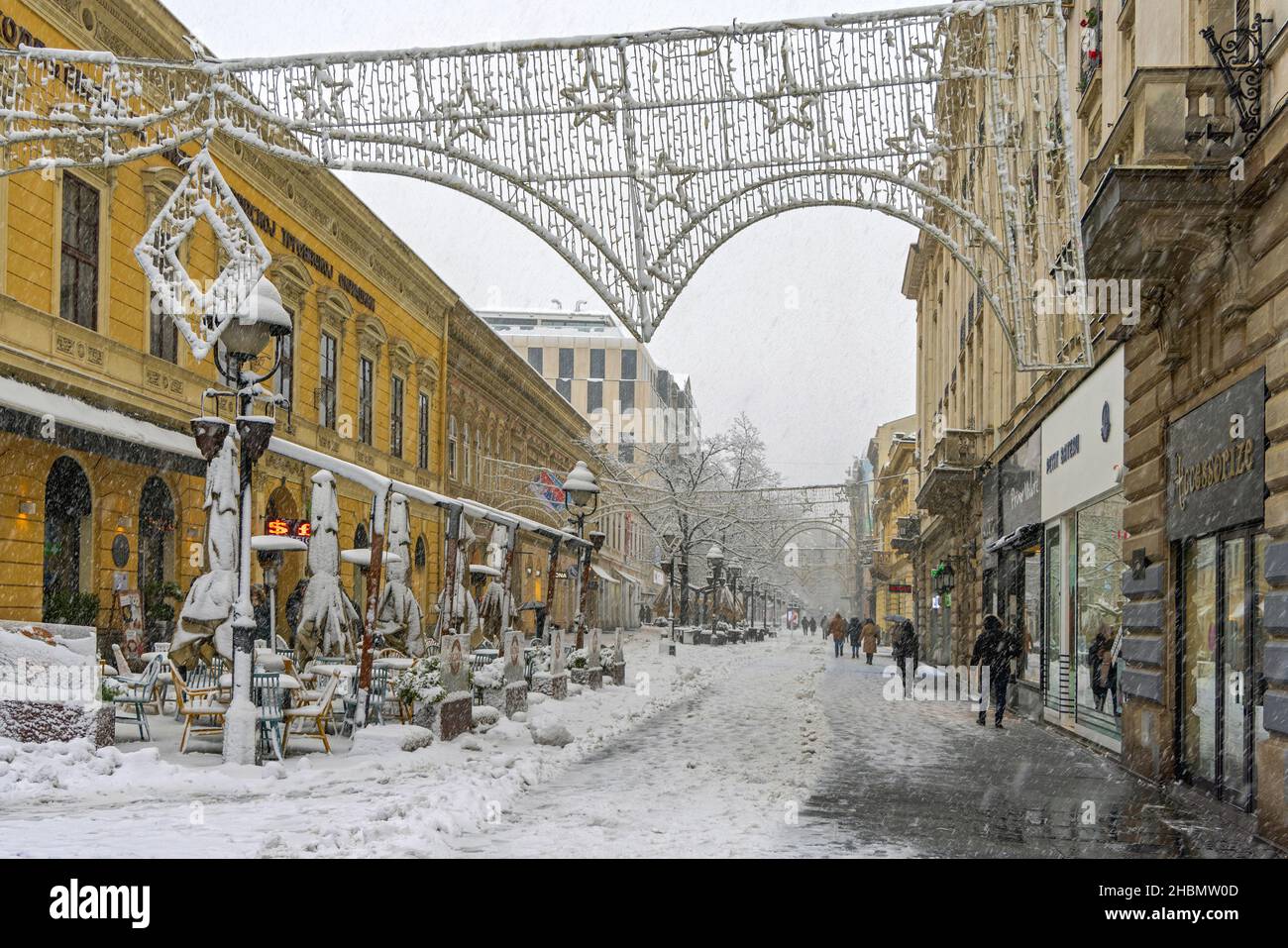 Belgrade, Serbia - December 12, 2021: Knez Mihailova Pedestrian Street Covered With Snow at Cold Winter. Stock Photo