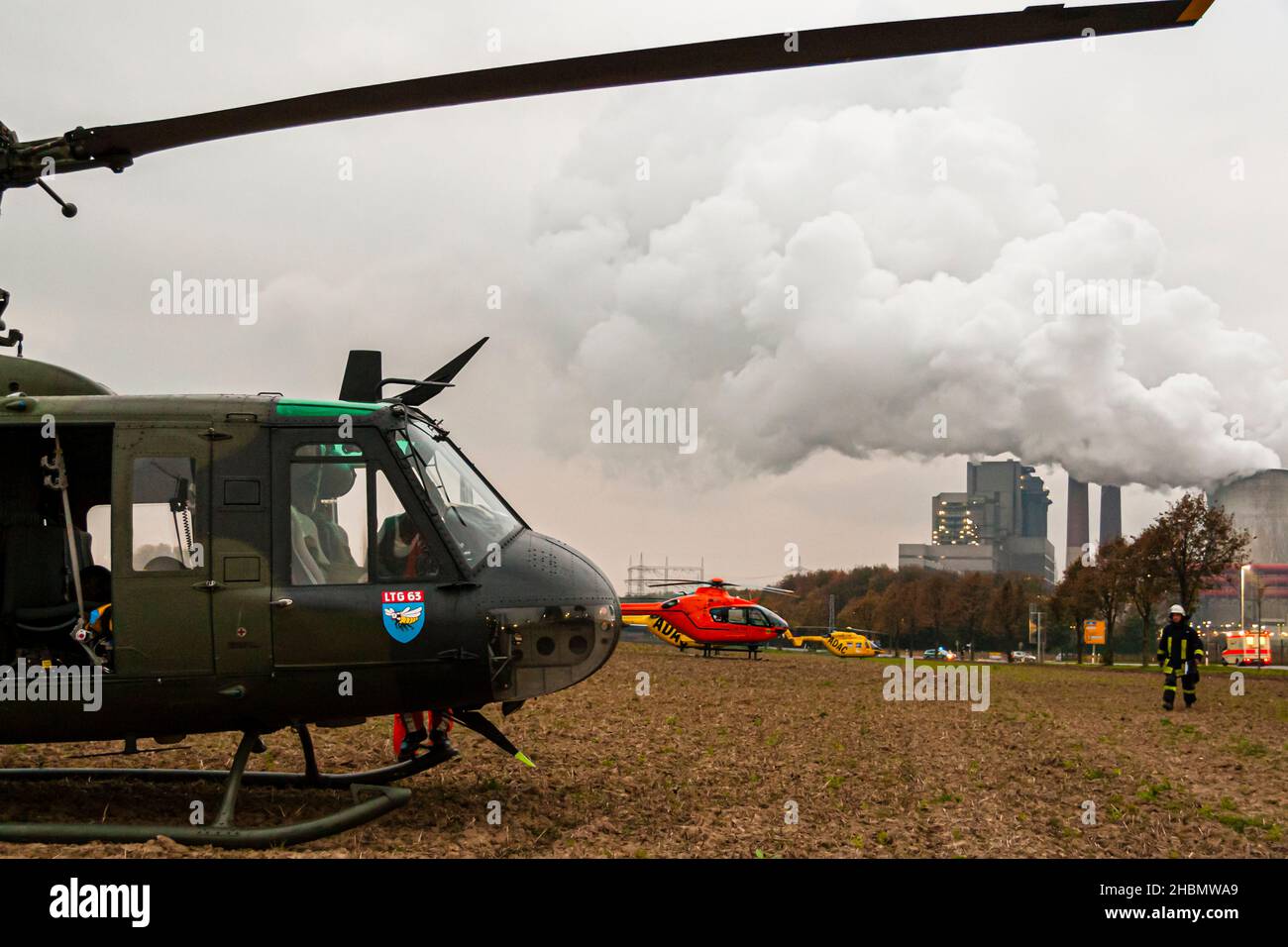 SAR rescue helicopter during an accident at the BOA construction site of the Neurath power plant, Grevenbroich, Germany Stock Photo
