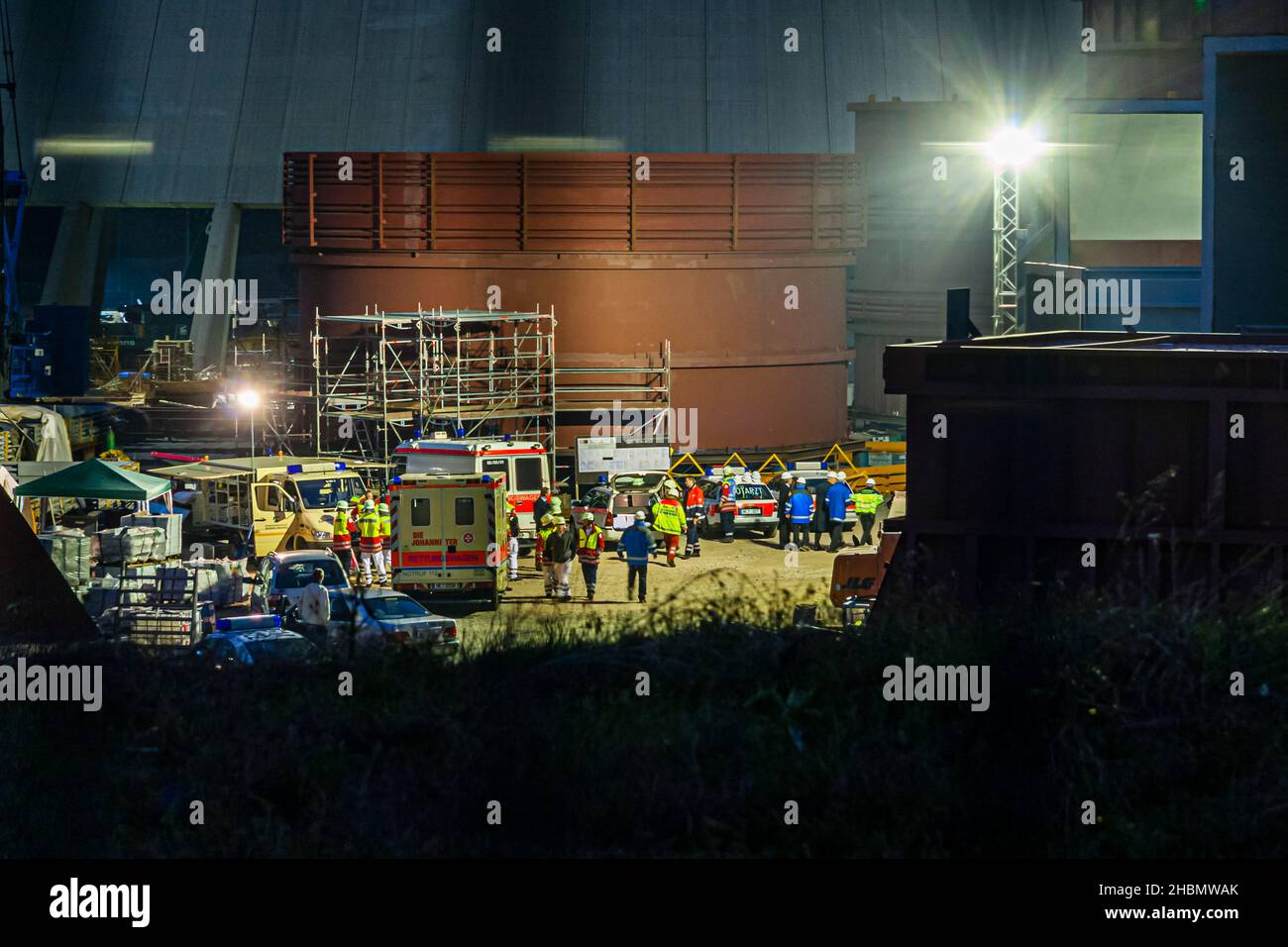 SAR rescue helicopter during an accident at the BOA construction site of the Neurath power plant, Grevenbroich, Germany Stock Photo