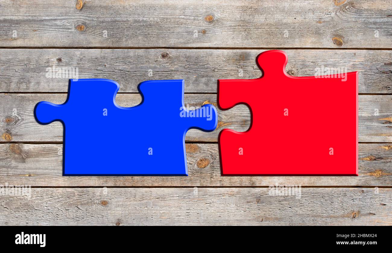 Two interlocking puzzle pieces on a wooden wall. 3d illustration Stock