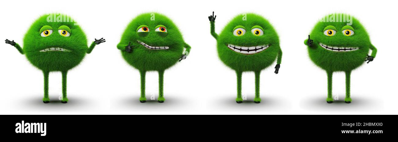 Different monsters, from problem to execution Different green furry monsters with different expressions, problem, idea, solution and execution, isolat Stock Photo