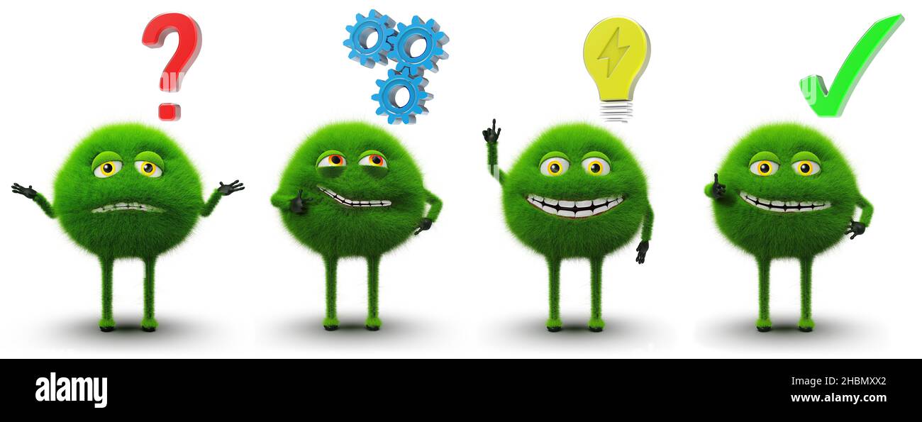 Different monsters, from problem to execution Different green furry monsters with different expressions, problem, idea, solution and execution, isolat Stock Photo