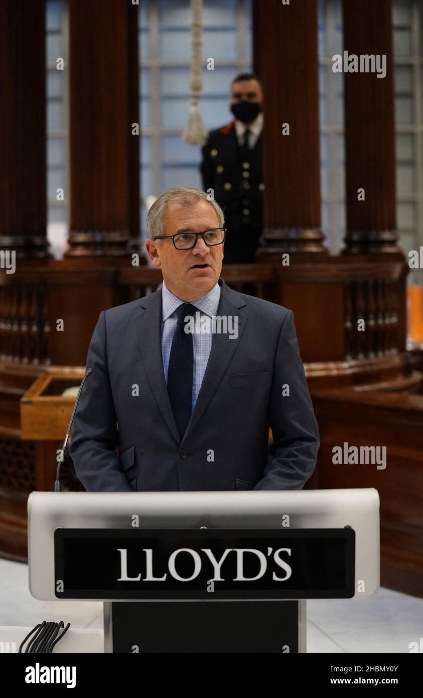 Bruce Carnegie-Brown Chairman of Lloyd's speaks in front of the Lutine ...