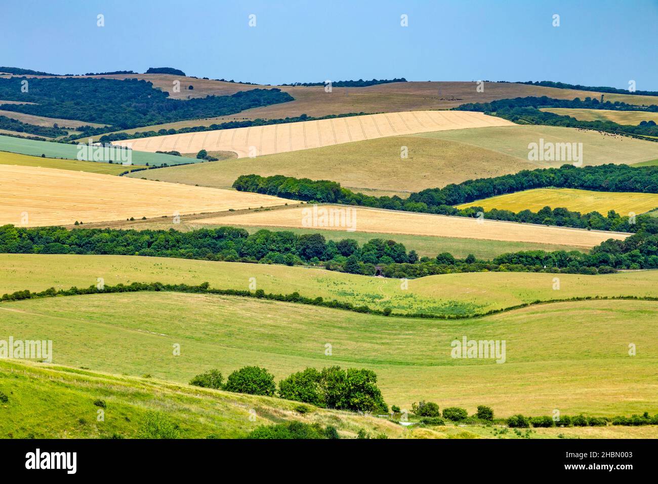 English countryside - rolling hills and fields in South Downs National Park near Lewes, UK Stock Photo