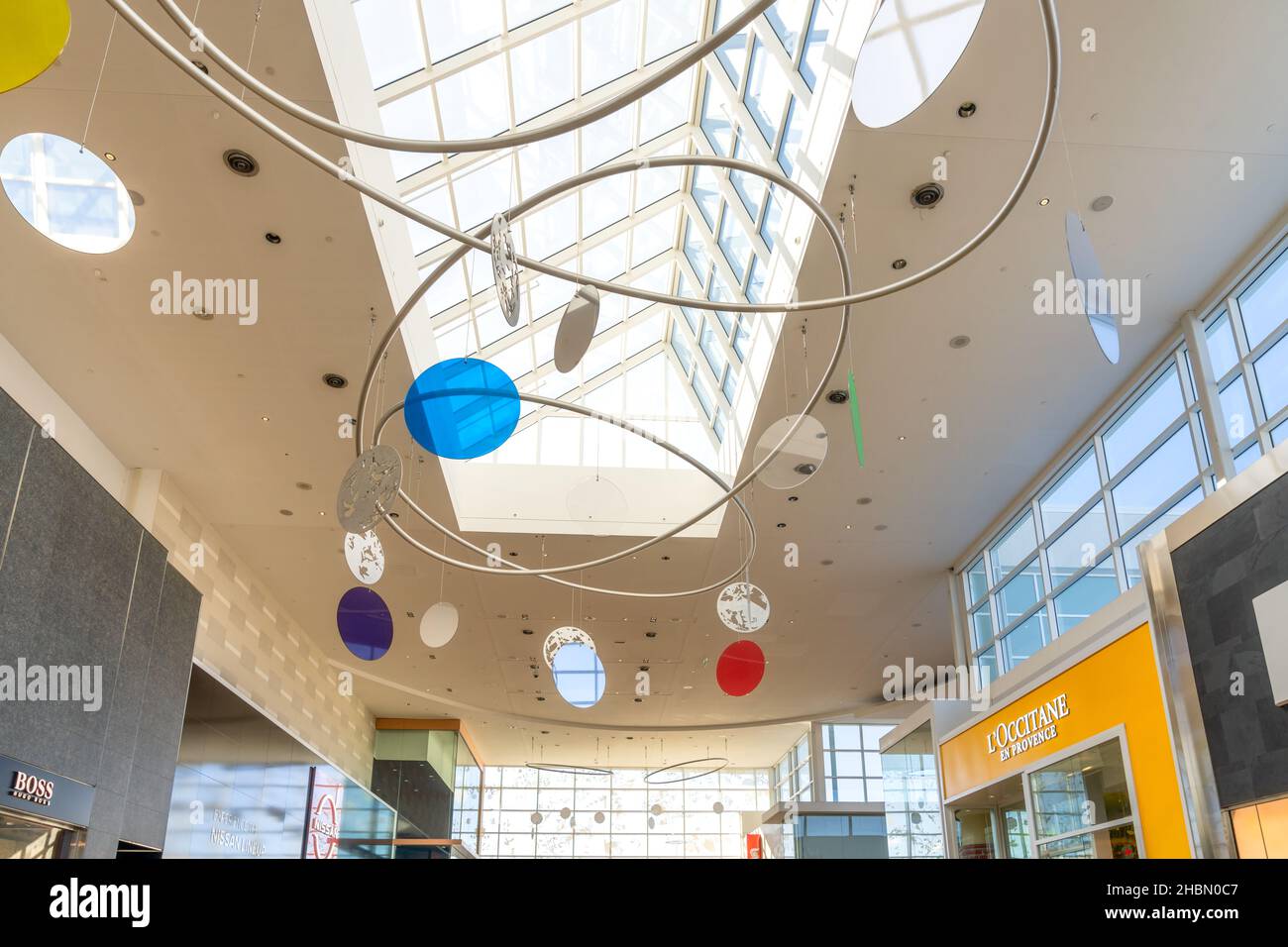 Modern skylight and energy efficient architecture seen in the ceiling in the Yorkdale Shopping Mall which is one of the largest and most expensive in Stock Photo