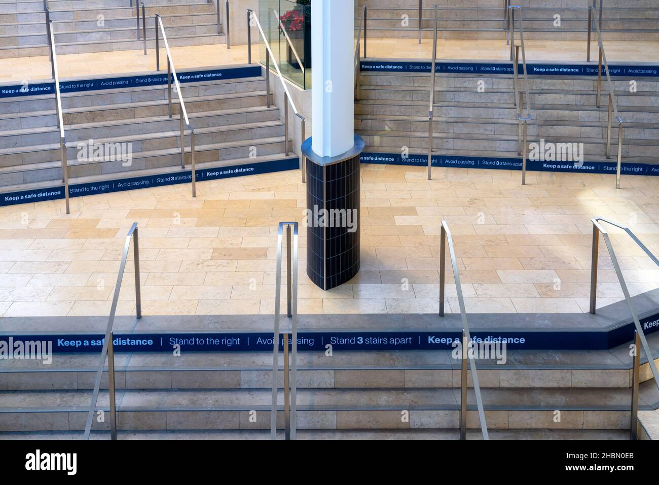 Steps with signs reading 'Keep a Safe Distance' in the Yorkdale Shopping Mall which is one of the largest and most expensive in the country.Dec. 20, 2 Stock Photo
