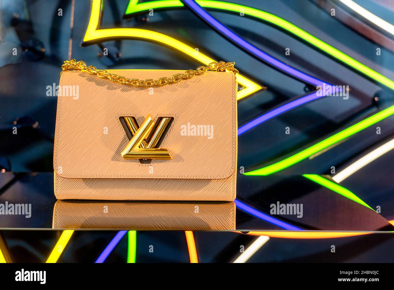 Yves Saint Laurent or YSL women's purse in a store window in the
