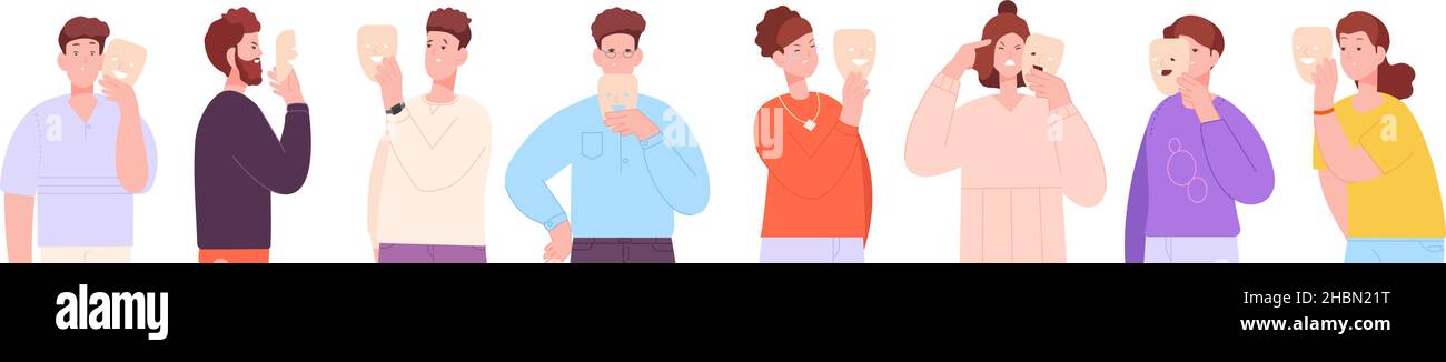 People fake mask. Face impostor hypocrisy liar, disguise happy, hiding feeling sad angry positive, person psychology, faceless anonymous, illusion mood girl vector. Illustration of face impostor Stock Vector