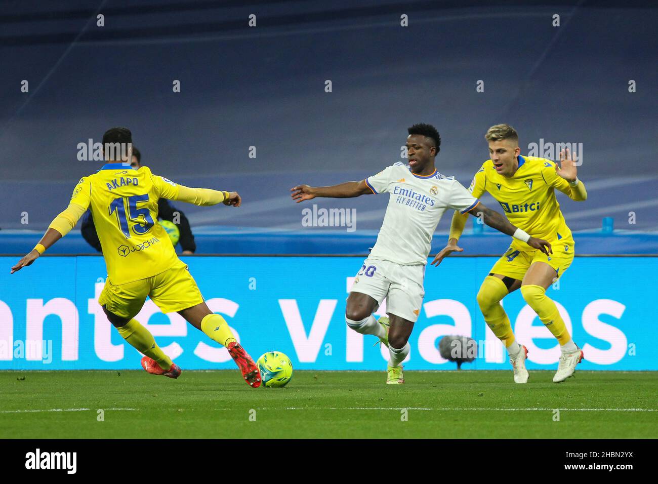 Carlos Akapo of Cadiz, Vinicius Junior of Real Madrid and Ivan Alejo of