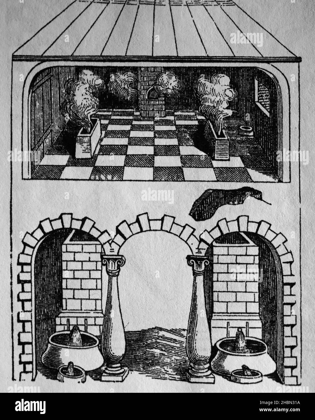 Furnces and variaus apparatus of the Middle Ages. Engraving. Stock Photo