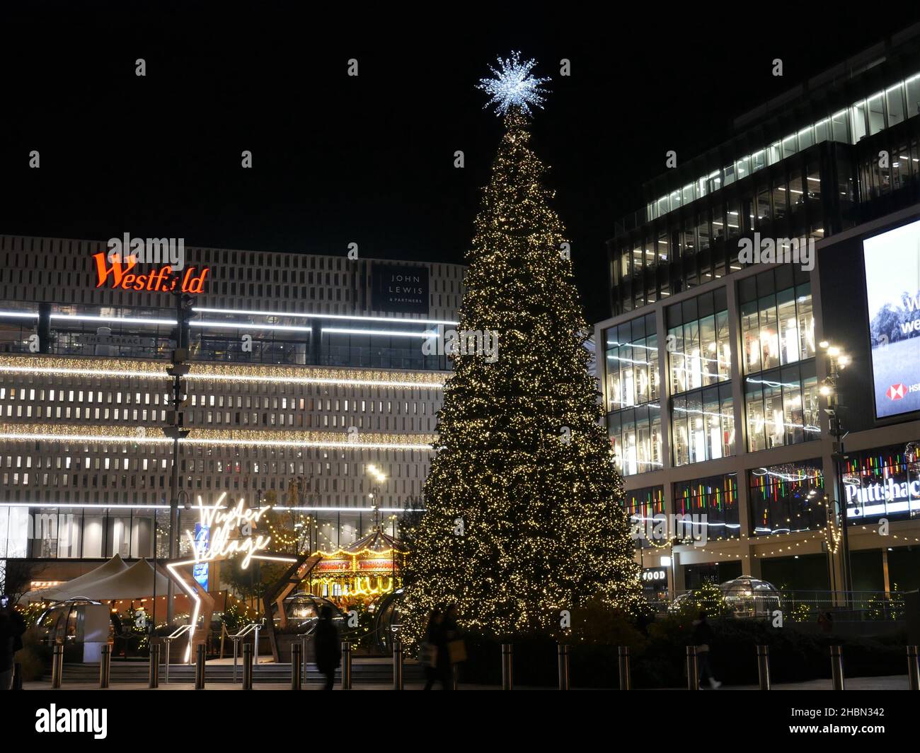 Christmas tree at Westfield's Winter Village White City, London Stock Photo