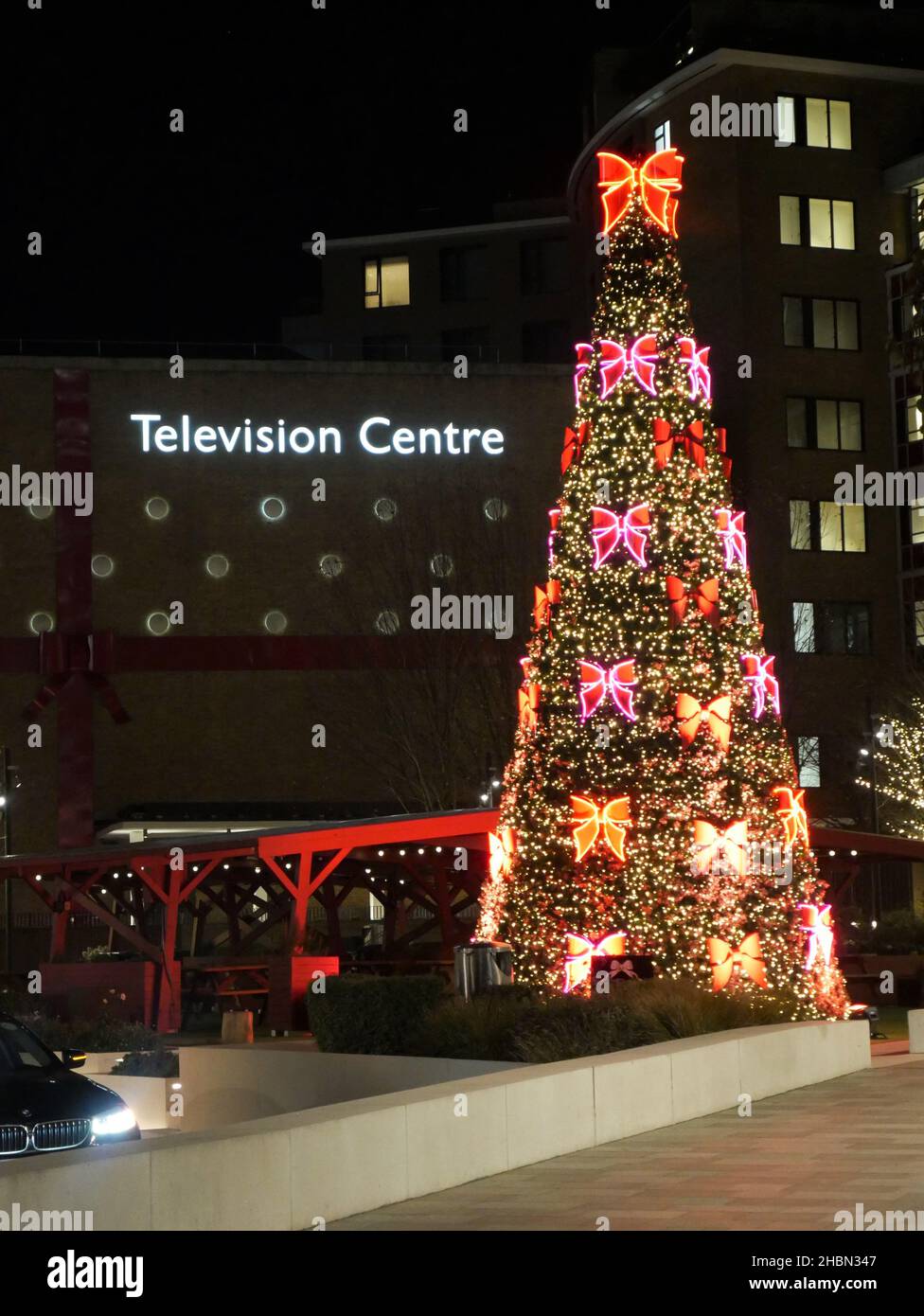 Christmas tree outside Television Centre, White City, London Stock Photo
