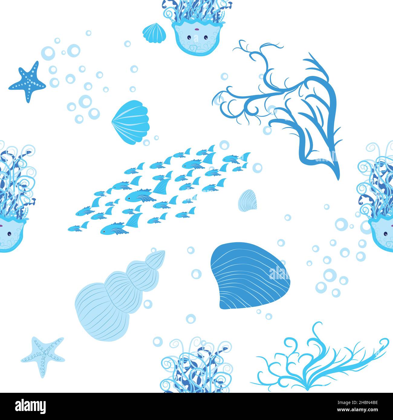 Jellyfish, fish, animals bright seamless patterns. Sea travel, snorkeling with animals, tropical fish Stock Vector