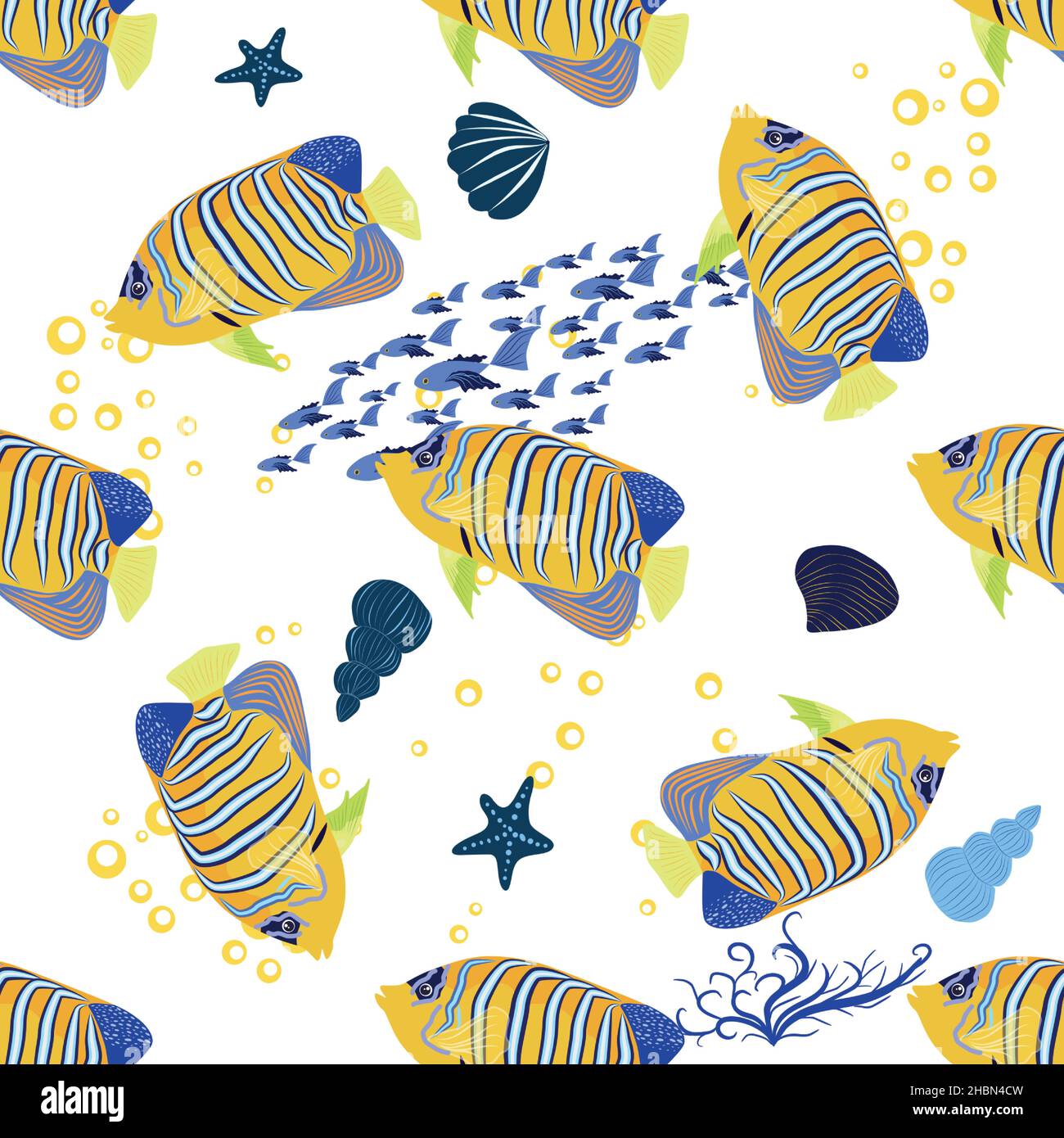 Emperor angelfish, Pomacanthus imperator seamless patterns, sea animal wildlife character. Nature underwater, marine wild ocean zoo fish Stock Vector