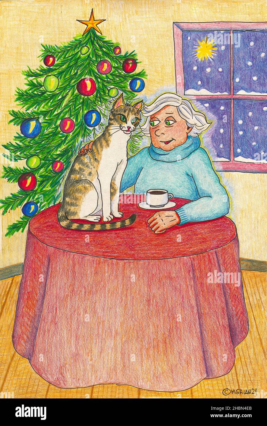 Lovely old lady with her cat in Christmastime. Illustration. Stock Photo