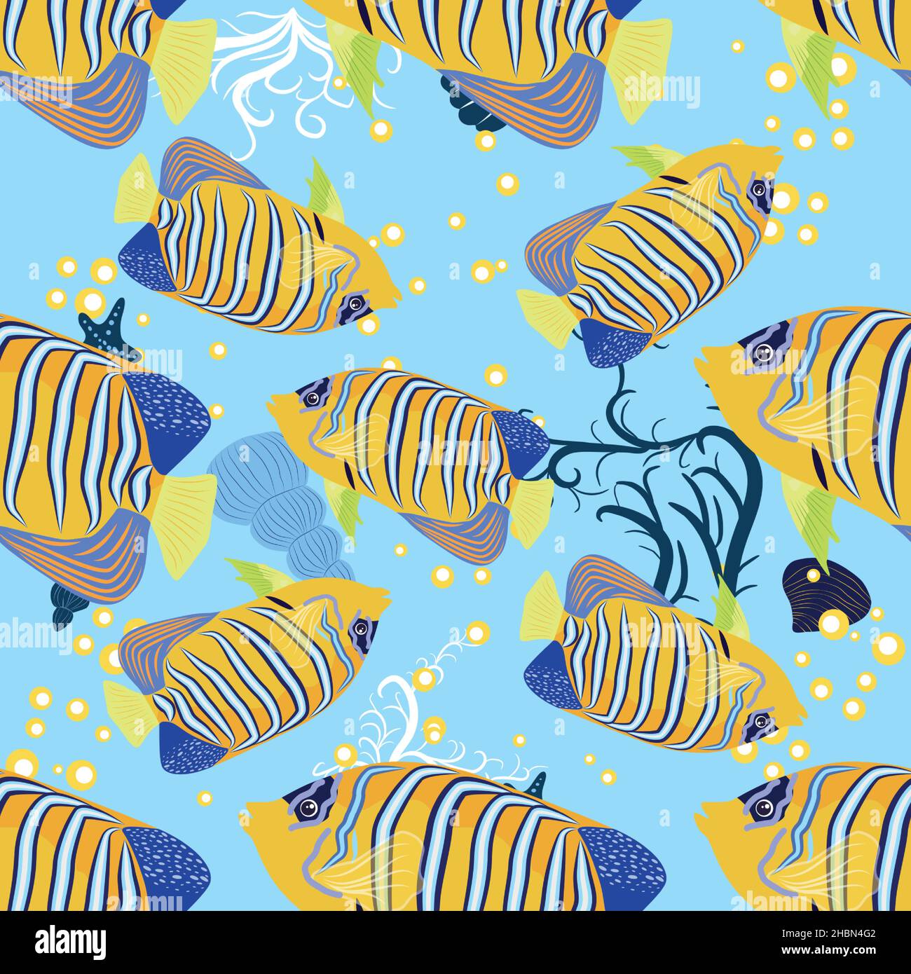 Emperor angelfish, Pomacanthus imperator seamless patterns, sea animal wildlife character. Nature underwater, marine wild ocean zoo fish Stock Vector